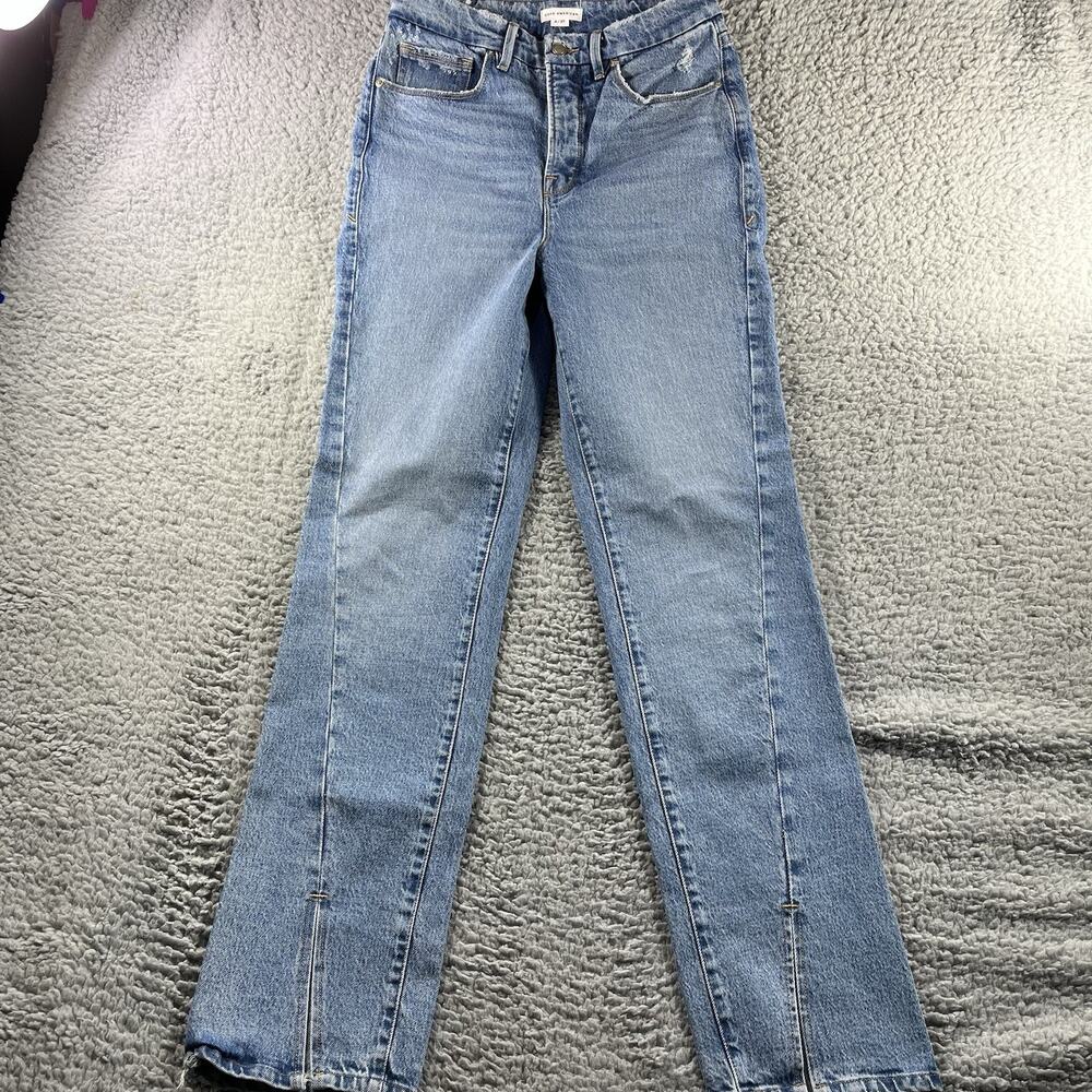 Good American Good Boy Twisted Slit Jeans Crossover Waist Split Hem 4/27 Fits 28